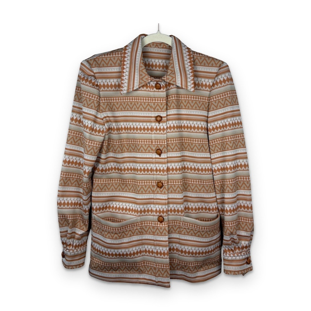 Vintage 70s Handmade Aztec Bonded Knit Jacket Women M/L Orange Southwestern